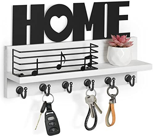 Portachiavi da Parete in Legno - HOME Décoration Appendi Chiavi a Muro Vintage, Appendichiavi da Muro in Legno con 6 Ganci, Multifunzione Decorativo per Lngresso, Corridoio, Ufficio (Bianco)
