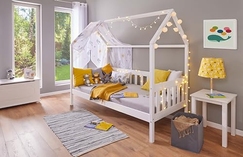 Inter Link – Kinderbett 90 x 200 cm– Hausbett – Jugendbett – aus massivem Kiefernholz – Für Jungen und Mädchen – Weiß lackiert – Schadstofffrei – Pflegeleicht – Funky Housebed 90 x 200 cm