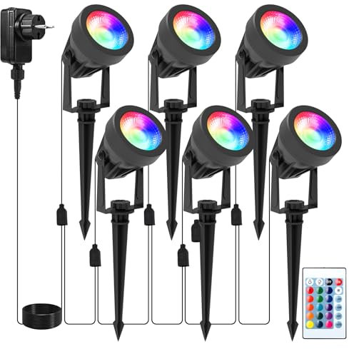 NATPOW Spot LED Extérieur RGB, 16 Couleurs et 4 Modes Eclairage Exterieur RGB avec Télécommande, 12V Projecteur LED avec Adapter, IP65 Étanche Lampe pour Jardin, Chemin, Terrasse, Christmas 6 en 1