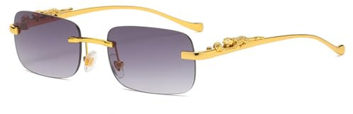 HPIRME Occhiali da sole rettangolari senza montatura in metallo vintage con testa di leopardo, occhiali colorati senza montatura per donna uomo, grigio oro, taglia unica