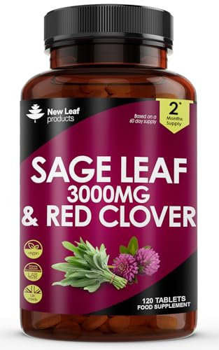 Sage Leaf & Red Clover Tablets for Menopause - 3000mg High Strength Perimenopause Supplements with Sage Leaf and Red Clover Menopause Supplements - Vegan Sage 120 Tablets Made in UK by New Leaf