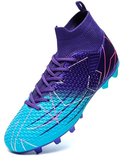 VTASQ Pojkar fotbollsskor barn gräs fotbollsskor professionella tonåringar friidrott sneakers utomhus halkfria träning fotbollsskor höga topp fotbollsskor spikar, VIOLETT, 38 EU