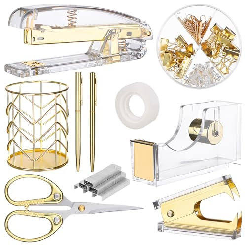 HAOWANWW Goldenes Bürobedarfsset Schreibtischzubehör-Organizerset für den Schulanfang Acrylhefterset Heftklammerentferner mit Stifthalter Hefterbandhalter transparenter Kleber Heftklammern