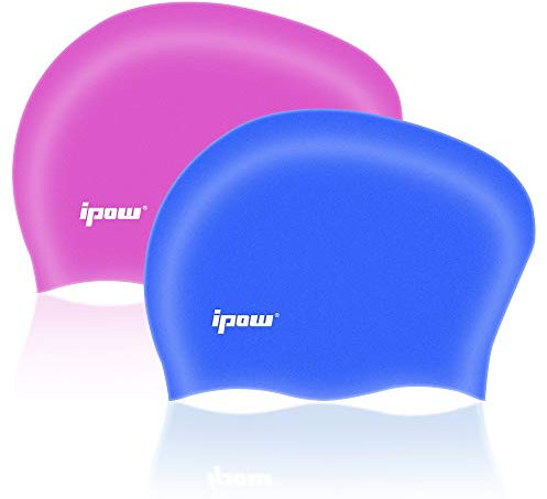 Ipow 2-Stück Badekappe Bademütze Hochwertige Silikon Badehaube für Lange Haare gesund und warm Swim Cap Purple + Blau