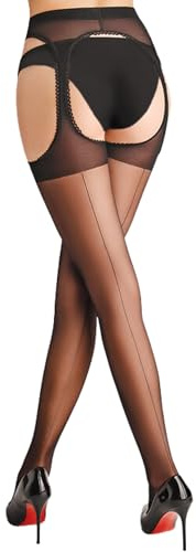 Couture Suspender Tights for Women - Crotchless Mock Suspender Sexy Open Crotch Seamed Tights Stockings - Large - Black