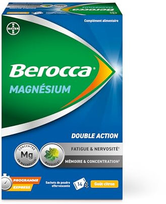 Berocca® Magnesium - Bicabonate et citrate de magnésium, vitamines B6, B12 Rhodiole, Mélisse -Double action - fatigue et nervosité, mémoire et concentration - 14 sachets