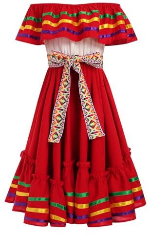 EFOGEP Robe mexicaine traditionnelle folk drapé pour fille, rouge, 5-6 ans