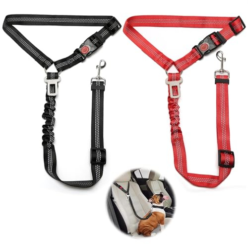 2 pièces réglable Ceinture securite Chien Voiture, Coussin élastique Anti-Vibration Ceinture sécurité Chien Convient aux Voitures (Noir + Rouge)