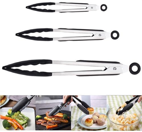 Set di 3 pinze da cucina in acciaio inox con manico lungo e impugnatura antiscivolo in silicone per cucinare e grigliare