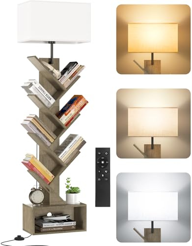 OUTONLIFE Libreria a Forma di Albero in Legno con Luce, Scaffale Autoportante a 6 Ripiani ad Angolo con Telecomando – Libreria Salvaspazio per Libri, CD, per Soggiorno, Studio, Ufficio (Grey)
