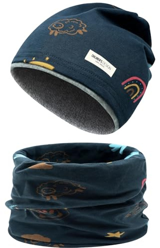 Enwokran Childrens' Slouchy Beanie Hat Loop Scarf Set Soft Easy Care Stretch Material Round Scarf Soft Girls Boys Winter Autumn Spring Set (Spaceships-Navy)