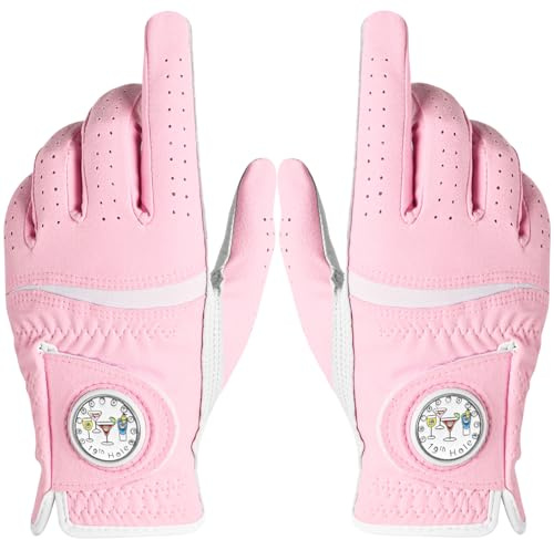 AXKAL Guanti da golf da donna con marcatore per palline, comodi e di alta qualità, guanti morbidi per mancini e destrorsi, vestibilità regolare e traspirante, confezione da 2 (rosa, S, 1 paio)