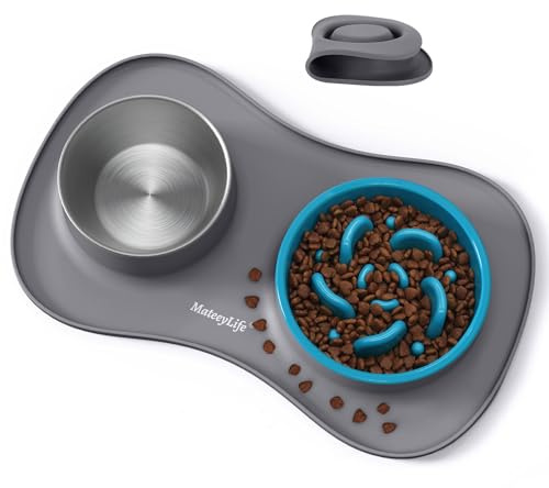 MateeyLife Set de Gamelle Chien 3 en 1, Gamelle Anti Glouton et Eau en Acier Inoxydable avec Tapis Anti-Dérapant en Silicone, Bols pour Chiots pour Races Petites, Moyennes et Grandes 51.5×30.7 cm