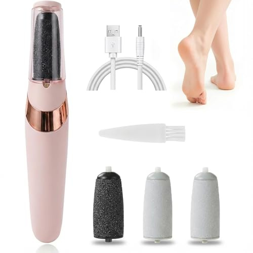 JINRUBY Electric Foot File - Hard Skin Remover Pedicure Tools with 4 Replacement Roller Heads Rechargeable Callus Remover Foot Files for Hard Skin Dry Cracked Heels Dead Skin Pink