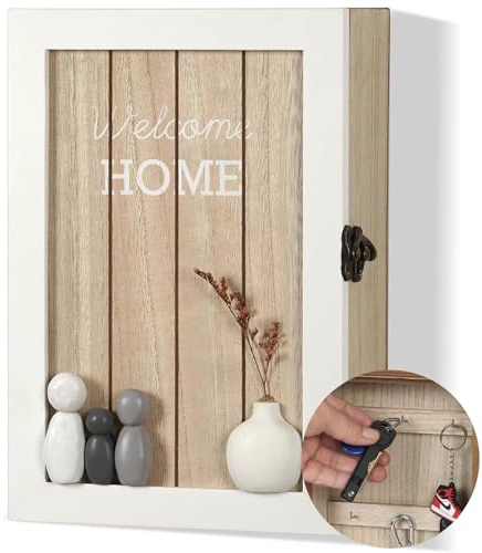 Optyuwah Schlüsselkasten Holz modern Schlüsselbox mit Trockenblumen Schlüsselschrank 6 Schlüsselhaken Schlüsselablage Wand Deko L für Eingang,Flur,Büro Schlüsselhalter Schlüsselbrett L weiß