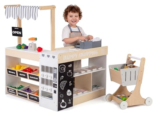 COSTWAY Marchande Enfant avec Distributeur Automatique et Chariot de Courses, Supermarché Enfant en Bois avec Comptoir de Caisse et 2 Tableaux Noirs, Étagères, Jeu d’Épicerie pour 3 Ans+