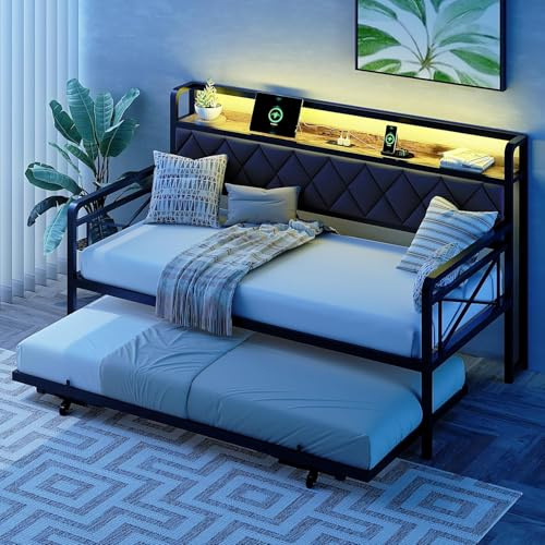 Bonnlo Daybed Sofa Bed Double with LED and Outlet, Trundle Bed with Storage, Metal Bed Frame Fits 90 * 190 Mattress for Kids, Teens, Adults, Grey