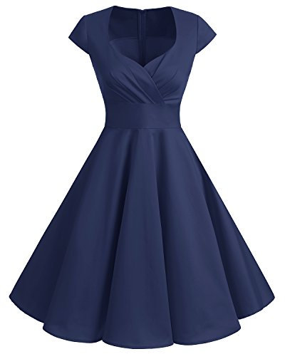 bbonlinedress 1950er Vintage Retro Cocktailkleid Rockabilly V-Ausschnitt Faltenrock Navy L