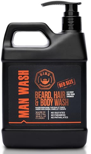 GIBS Grooming - Original Man Wash (33.8 fl oz) 3-in-1 Beard, Hair, Body Soap - Citrus, Oak, Basil Scent - Sulfate Free - Tea Tree Oil, Hemp Oil, Protein - Mens Body Wash & Mens Shampoo - Made in USA