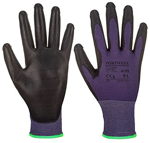 Portwest A195 Pekskärm PU Handske Andningsbar Ergonomisk 13 Gauge Polyester | Lila/Svart, L, EN 388 (2121X), EN ISO 21420 Fingerfärdighet 5, Touchvänlig, Smidig PU Beläggning