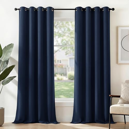 Deconovo Set of 2 Opaque Thermal Curtains with Eyelets, Thermal Protection, Cold Protection, 270 x 140 cm (H x W), Dark Blue