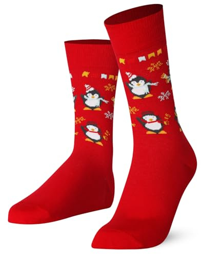 Mysocks julstrumpor nyhet roliga strumpor unisex jul casual bomull julstrumpor högtid julklappar för män kvinnor, Röd festlig pingvin, 37-40.5 EU