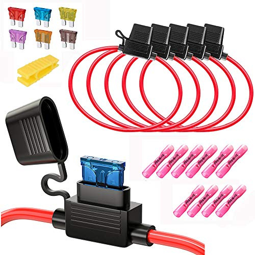 Gebildet 5PCS 32V 20A Portafusibile di Standard Lame,16AWG ATO Portafusibile In-Line con un Cappello con 6pcs Fusibile Media+10pcs Termorestringente Terminali per Auto, Barca, Motocicletta