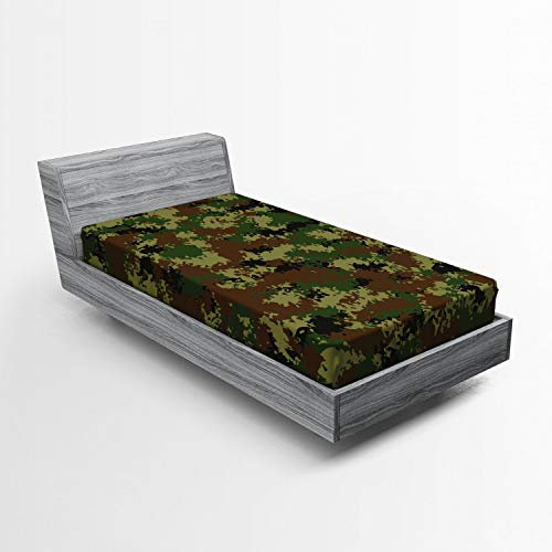 ABAKUHAUS Grün Spannbetttuch, Grunge Graphic Camouflage, Soft Dekorativer Stoff Bettwäsche Rund-um Elastischer Gummizug, 90 x 200 cm, Hellgrün Braun