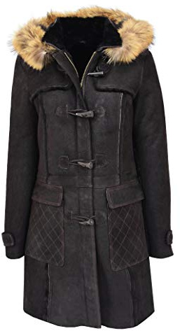 Womens Real Sheepskin Coat 3/4 Length Duffle Hooded Parka Beth