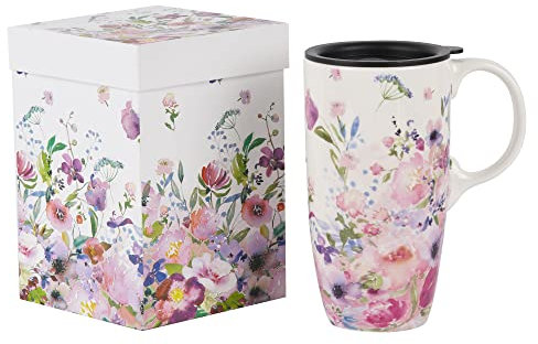 Topadorn Ceramic Mug with Lid Coffee Mug with Gift Box Latte Mug Coffee Cup,17oz.Pink Garden