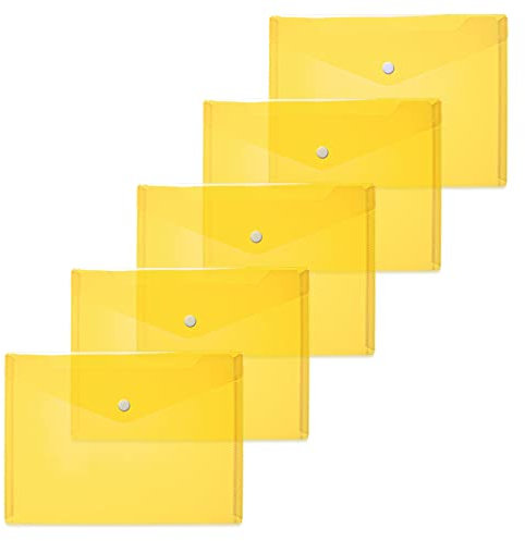 HERMA 20052 Dokumententaschen A5 transparent gelb, 5 Stück, kleine Sichttaschen Umschläge mit Druckknopf, Briefumschläge aus Plastik für Schule, Uni, Büro, Reise