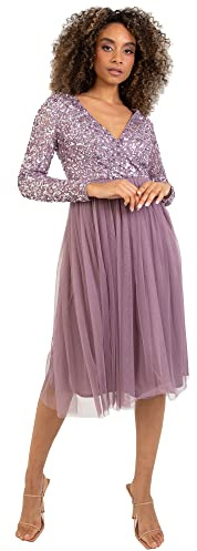 Maya Deluxe Damen Womens Ladies Wedding Guest Midi Dress Long Sleeve Plunging Neckline V Neck Sequin Embellished Graduation Brautjungfernkleid, Moody Lilac, 20