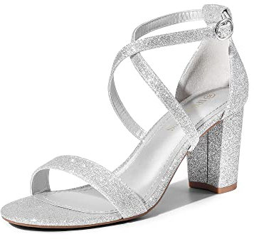 DREAM PAIRS Women’s Ankle Strap Dress Pump Low Chunky Heel Sandals Madison-1 Silver-Glitter Size 5 UK/7 US