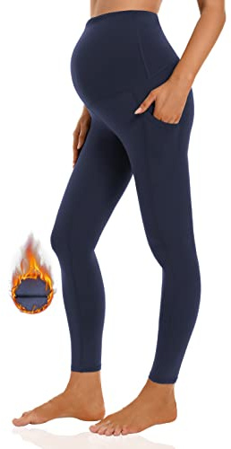 Foucome - Leggings invernali da donna premaman, foderati in pile, con tasche sopra la pancia, per gravidanza, yoga, allenamento, invernali, caldi, Marina Militare, L