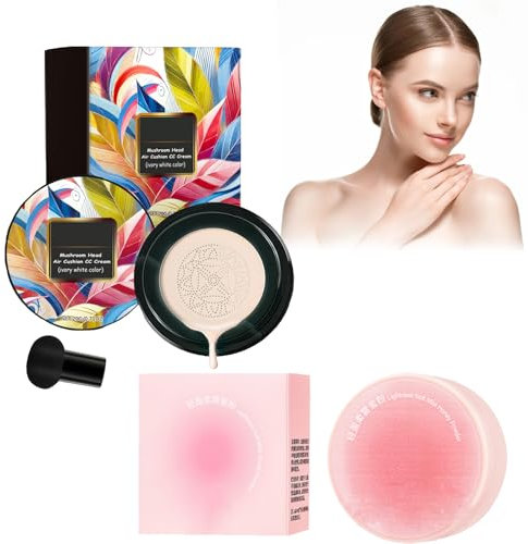 Air Cushion Foundation CC Creme, BB Cream Fond de Teint Couvrant CC Crème Fondation Liquide, Mushroom Head Air Cushion Base de Maquillage Hydratante Longue Durée, Facile à Appliquer (Ivoire, 1)