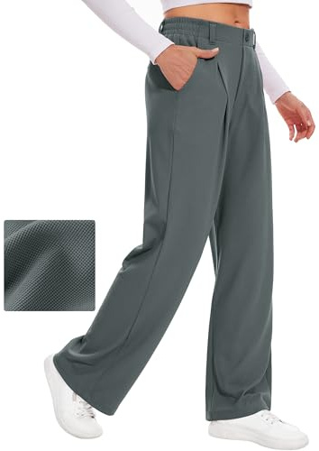 Desol Pantalones largos de gofre, pantalones largos de palazzo, elegantes pantalones de tela, pantalones de traje para mujer, pantalones anchos de verano con bolsillos, cintura alta, pantalones para
