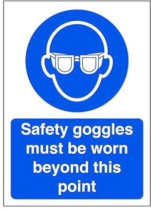 Safety goggles must be worn beyond this point - safety sign, ppe, eye protection - High tack self-adhesive sticker (300mm x 200mm) Viewing Distance within 7m.
