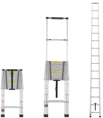 VEVOR Escalera Telescópica, Escalera Extensible Ligera de Aluminio Plegable Retráctil con Múltiples Botones, Capacidad de 190 kg con Pies Antideslizantes, para el Hogar, RV, Loft, 6203 x 480 x 99 mm