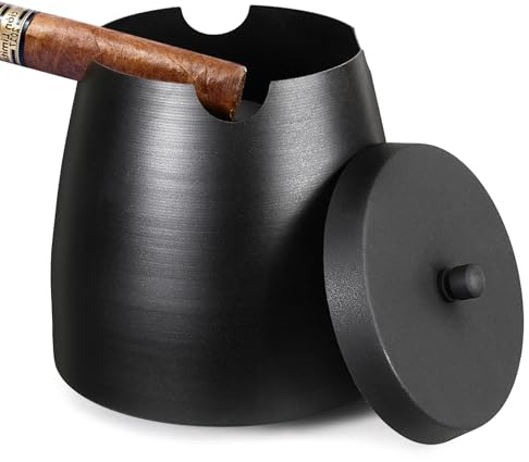 Cigar Ashtray with Lid for Outdoors Indoors Outside Patio Home Black Decor,Large Holder Ash tray Windproof,Cigar Accessories Gift for Men Dad Husband Boyfriend (Extra Large)