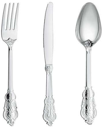 N9R 120PCS Silver Plastic Silverware, Heavy Duty Plastic Cutlery for Parties, Fancy Disposable Flatware Set Includes 40 Forks, 40 Spoons, and 40 Knives, Perfect for Weddings, Dinners, Picnics, Party