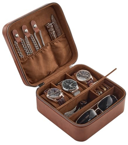 ProCase Estuche de Viaje para Relojes, Caja de Joyería de Cuero para Hombre con 3 Compartimentos, Organizador Portátil para Relojes y Gemelos, Bolsa con Cremallera para Hombre - Marrón claro