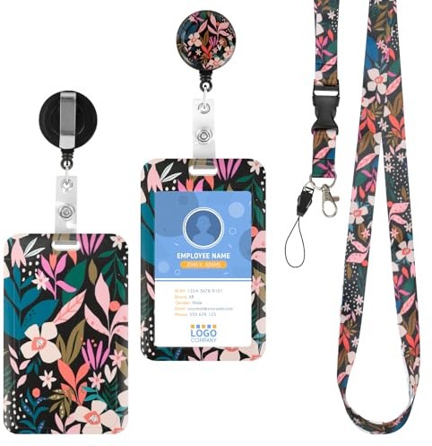 Cozary Ausweishülle mit Band, Ausweishalter Ausziehbar Blumen Design Kartenhülle mit Abnehmbares Lanyard & Clip für ID Kartenhalter Ausweis für Frauen, Lehrer, Krankenschwester, Doktor, Student