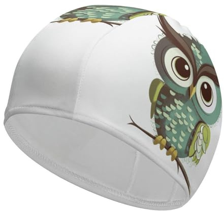 Gorro de baño para Mujer y Hombre, elástico, con diseño de búho Verde de Dibujos Animados, para Cabello Largo y Corto.
