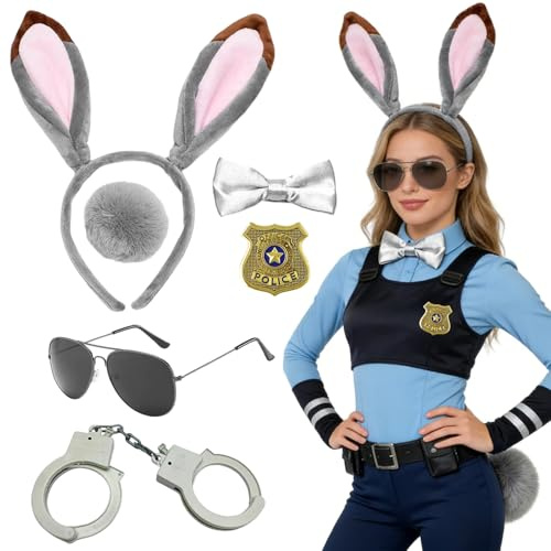 ZXTGBQ 6PCS Disfraz Policia Conejo Para Mujer, Con Diadema Y Corbata Pajarita+Cola De Peluche Funda Esposas Gafas De Sol Juguete De PolicíA Para Carnaval Fiesta, Fiesta De Pascua, Cosplay, Halloween