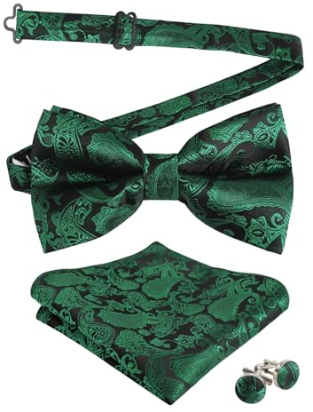 Men's Paisley Bow Tie, Hanky and Cufflinks Set (Dark Green)(Size: One Size)
