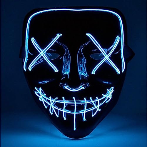 TK Gruppe Timo Klingler LED Grusel Maske - wie aus Purge steuerbar, Gesicht leuchtend, für Halloween, Fasching & Karneval als Kostüm für Herren & Damen (Farbauswahl) (1x blau)