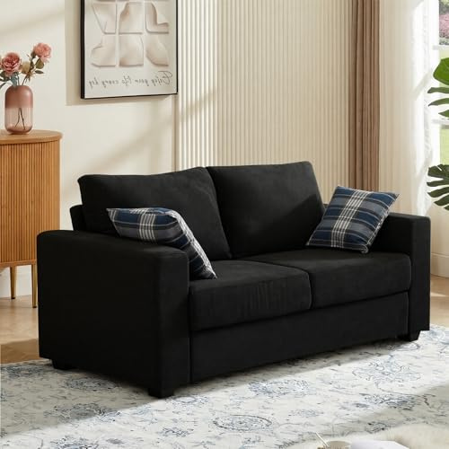 Panana Modern Linen Fabric Corner Settee - 2 Seater or 3 Seater, Compact Living Room Sofa with 2 Free Back Cushions (Black)