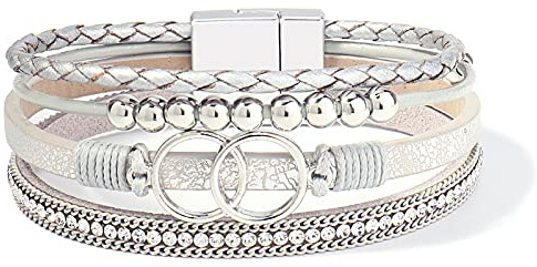 FANCY SHINY Mothers Day Gifts Boho Leather Wrap Bracelet Stackable Beaded Infinity Chunky Cuff Bracelets with Magnetic Clasp Western Hippie Outfits Jewelry Gifts for Women(Silver)