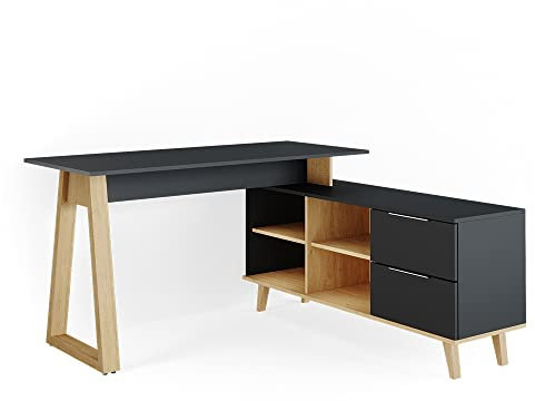 Vicco Schreibtisch Nautica, Anthrazit/Buche, 138 x 60 cm mit Schubladen, XXL