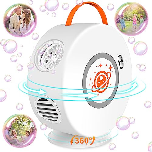 Herenear Macchina Bolle, Soffiatore Bolle Automatico con Rotazione 90°/360°, Bolle Sapone Portatile 500ml 4000+Bolle al Minuto Giocattoli Bolle per Picnic, Matrimonio, Compleanno Feste (Bianco)